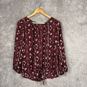 West Kei Shirt Womens XS Red Burgandy 3/4 Sleeve Tie Front Keyhole Scoop Neck